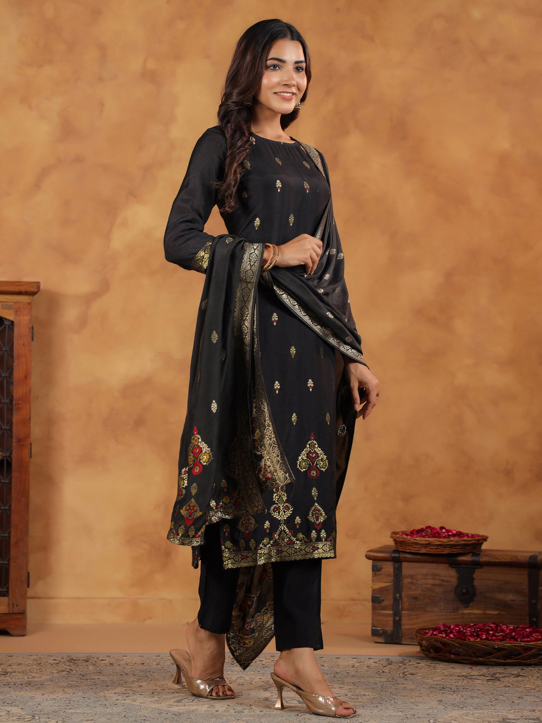 Black Silk Blend Jacquard Paithani Style Straight Kurta Set