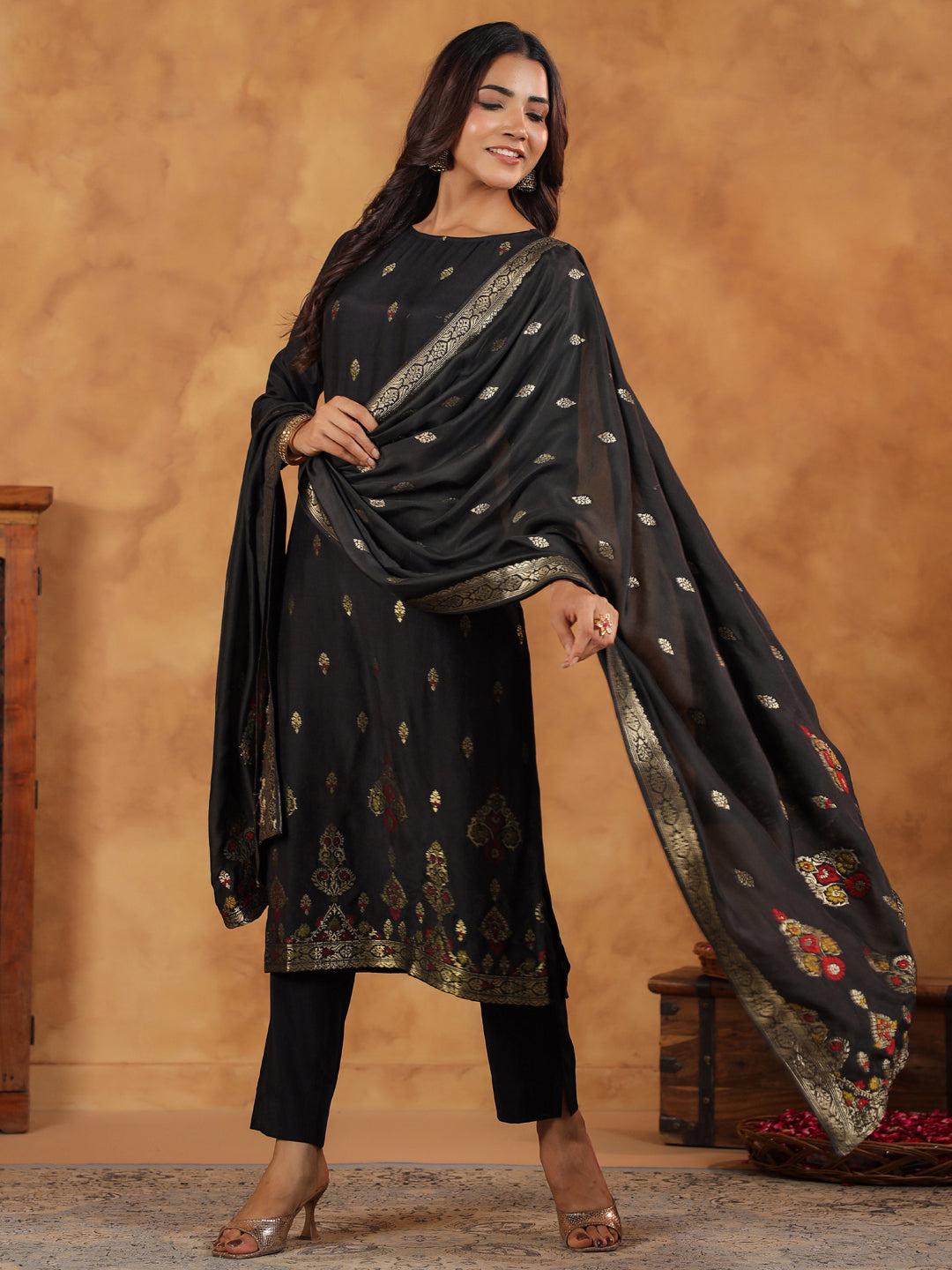 Black Silk Blend Jacquard Paithani Style Straight Kurta Set