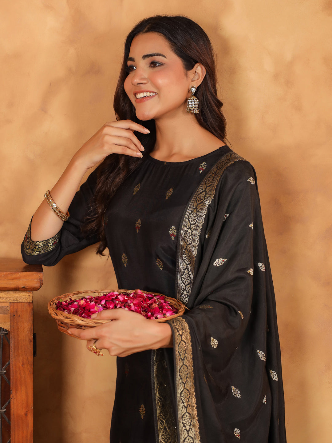 Black Silk Blend Jacquard Paithani Style Straight Kurta Set