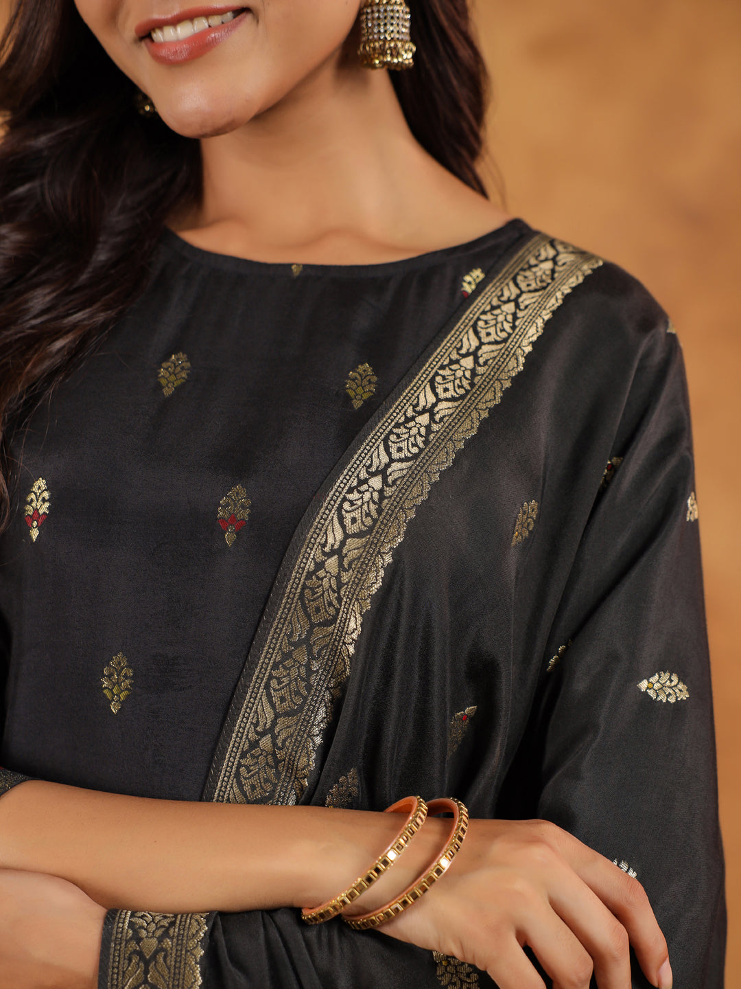 Black Silk Blend Jacquard Paithani Style Straight Kurta Set