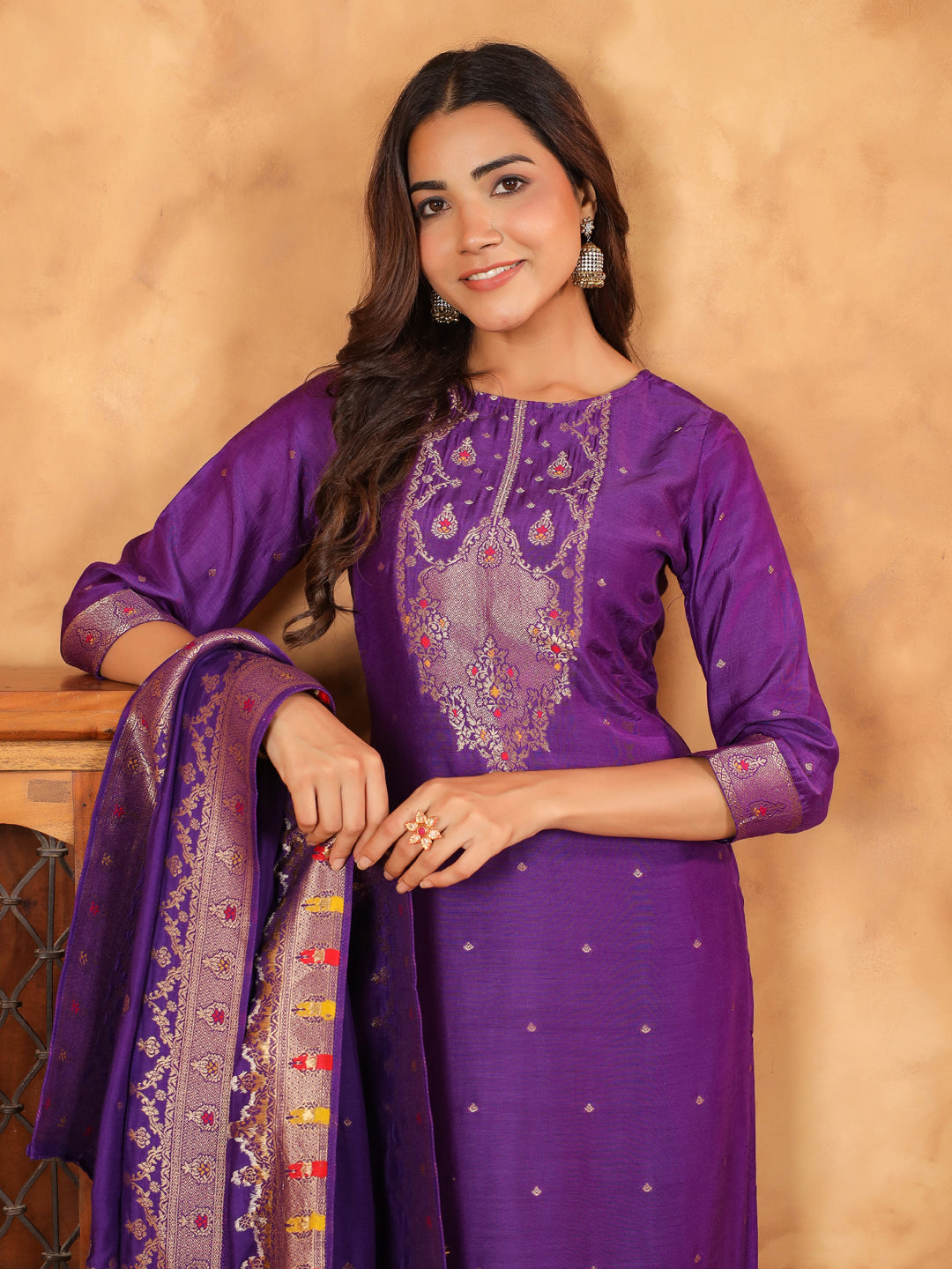 Purple Silk Blend Jacquard Paithani Style Straight Kurta Set