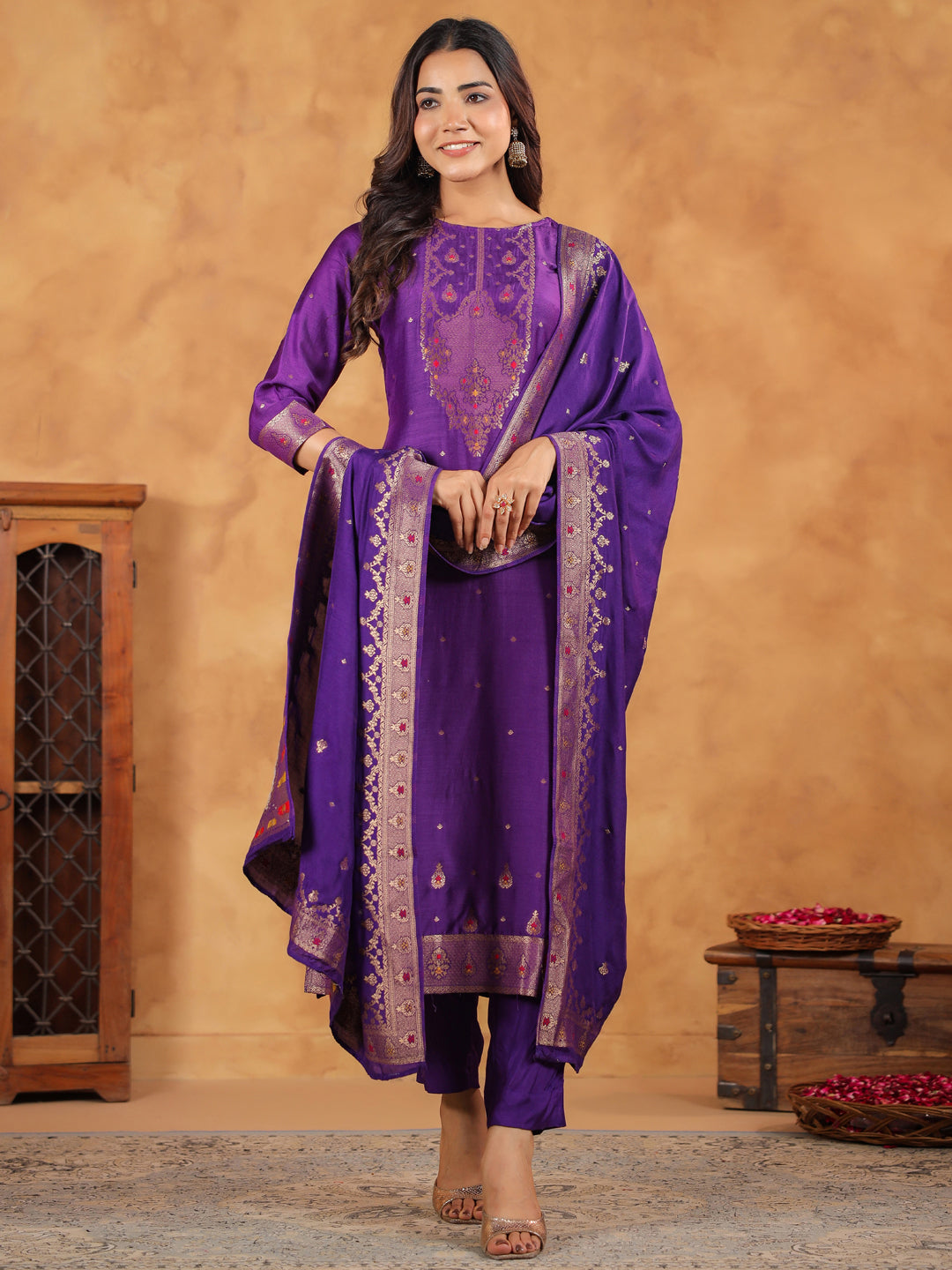 Purple Silk Blend Jacquard Paithani Style Straight Kurta Set