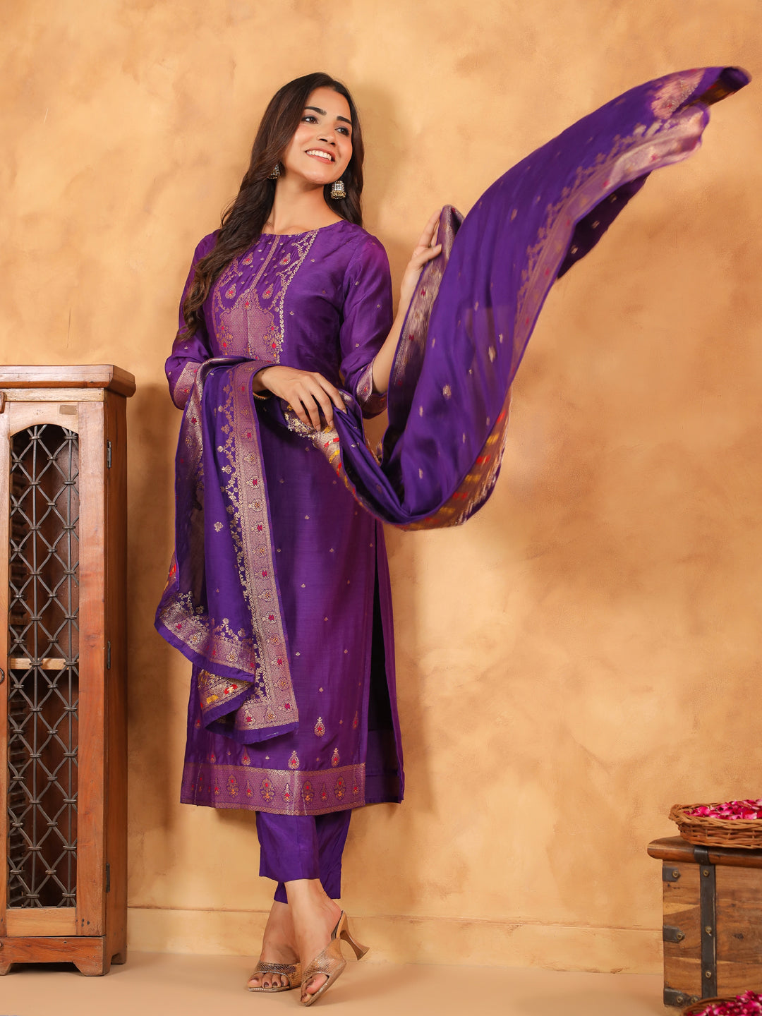 Purple Silk Blend Jacquard Paithani Style Straight Kurta Set