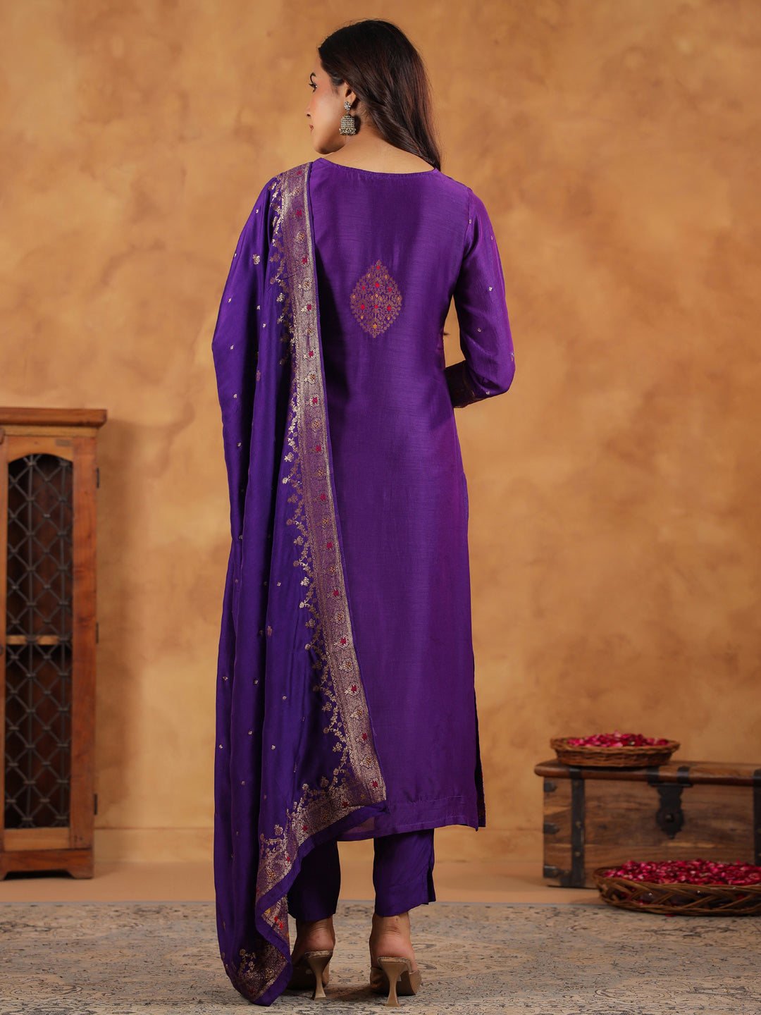 Purple Silk Blend Jacquard Paithani Style Straight Kurta Set