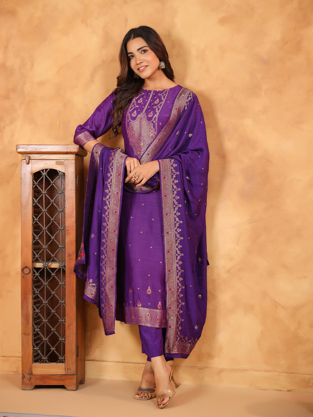 Purple Silk Blend Jacquard Paithani Style Straight Kurta Set