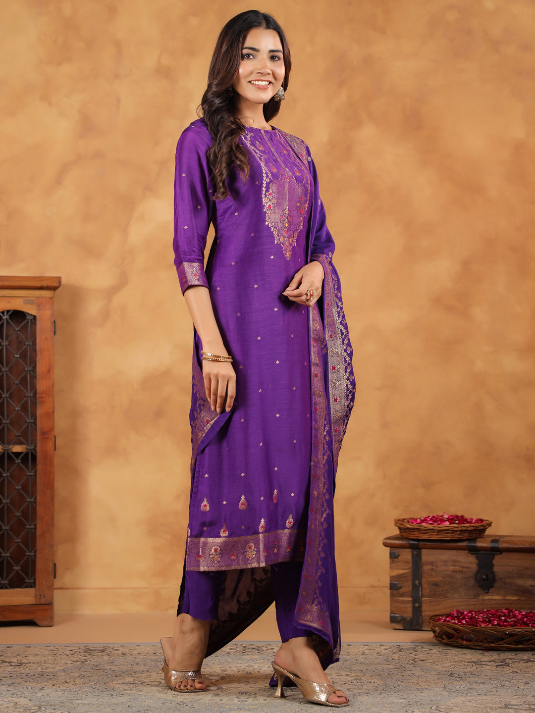 Purple Silk Blend Jacquard Paithani Style Straight Kurta Set