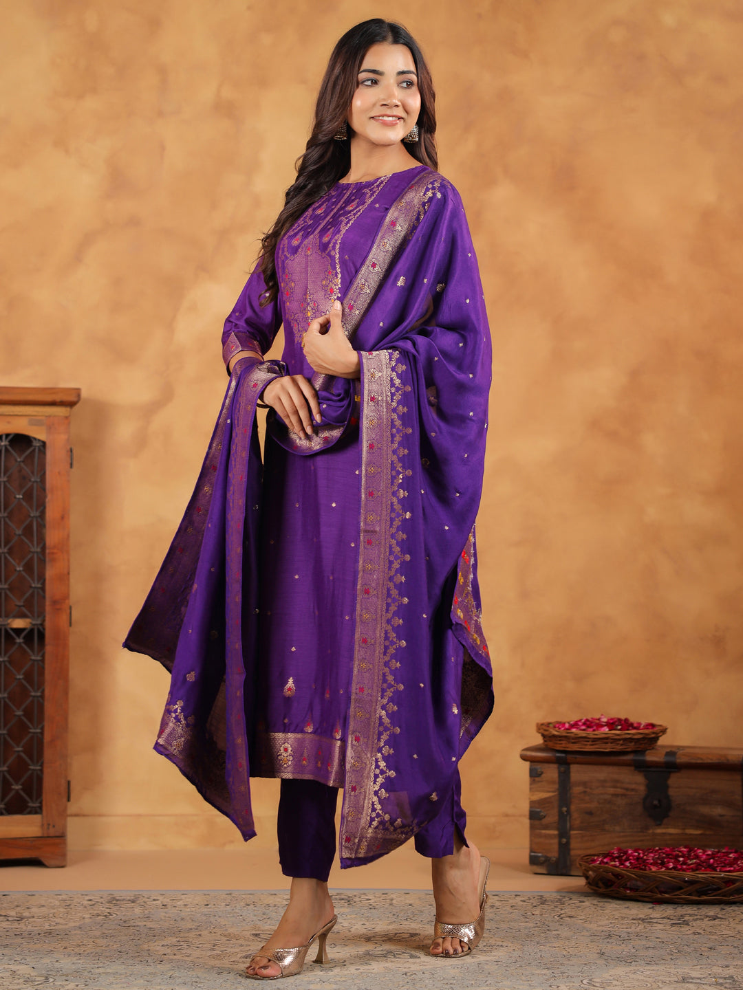 Purple Silk Blend Jacquard Paithani Style Straight Kurta Set