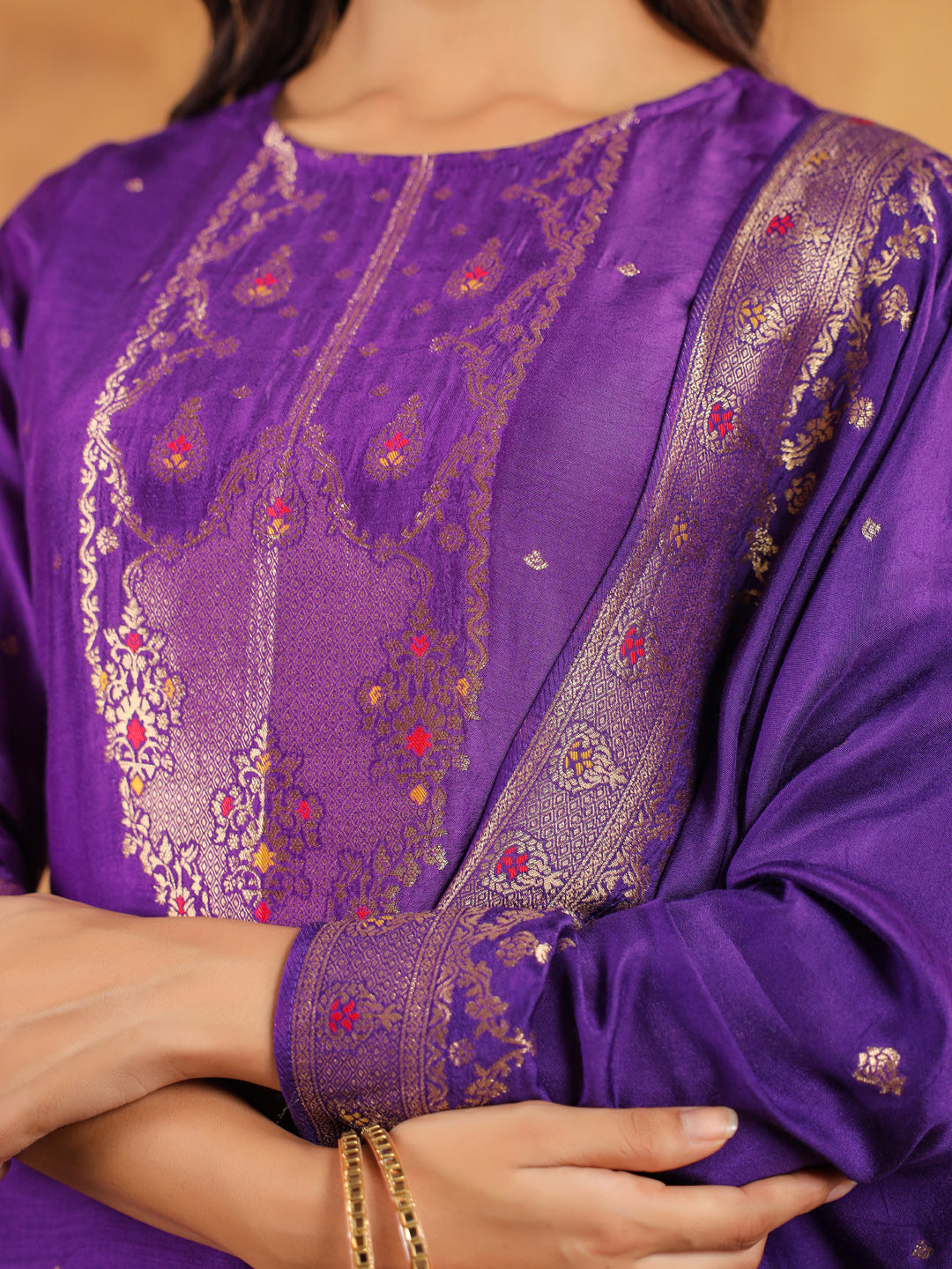 Purple Silk Blend Jacquard Paithani Style Straight Kurta Set