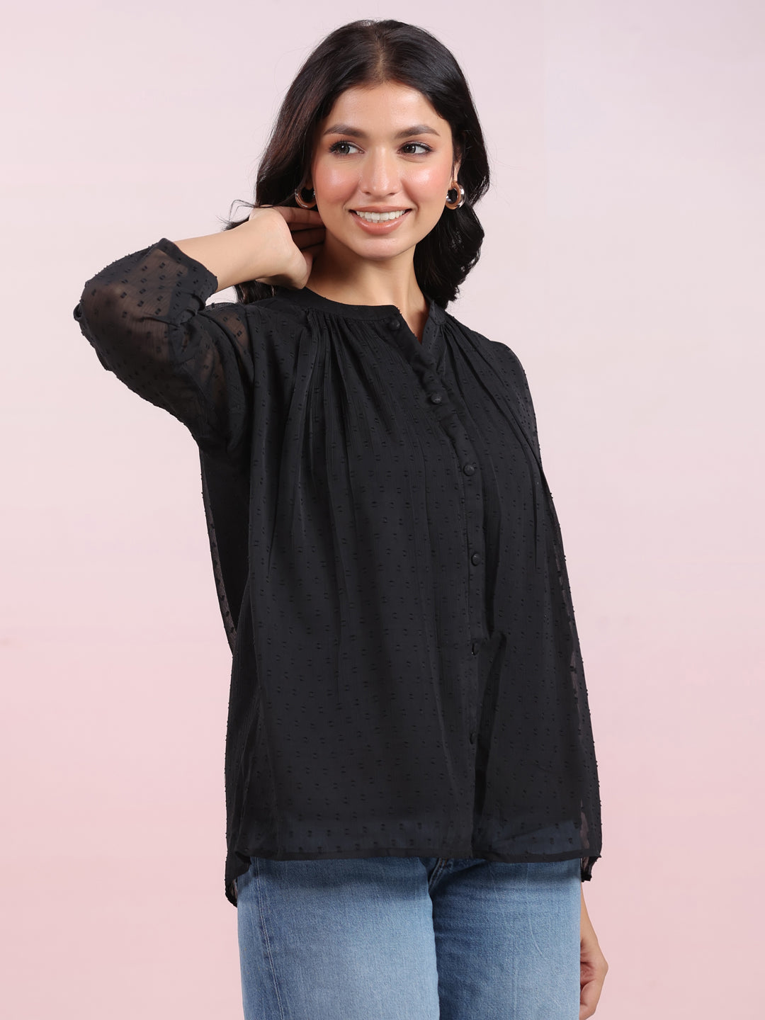 Black Dobby Chiffon Self Design Top