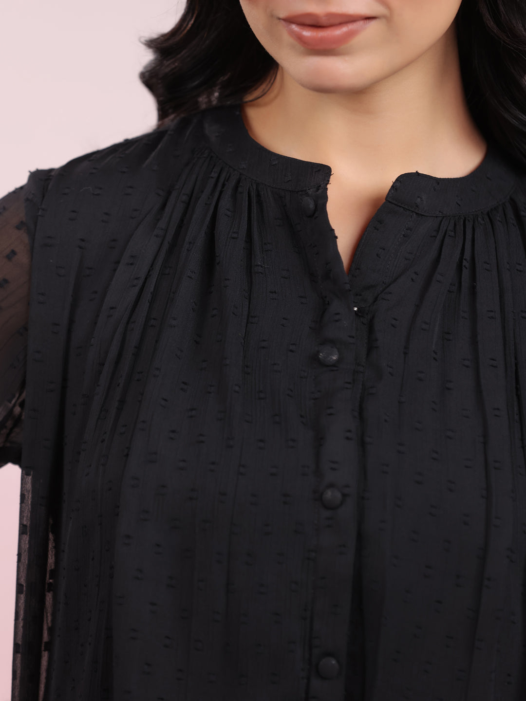 Black Dobby Chiffon Self Design Top