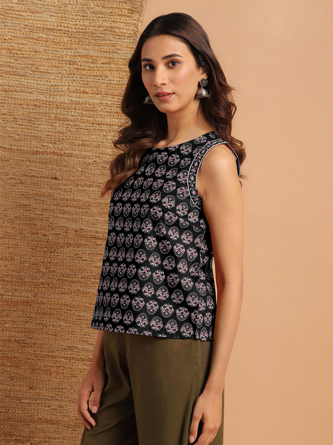 Black Pure Cotton Floral Printed Top