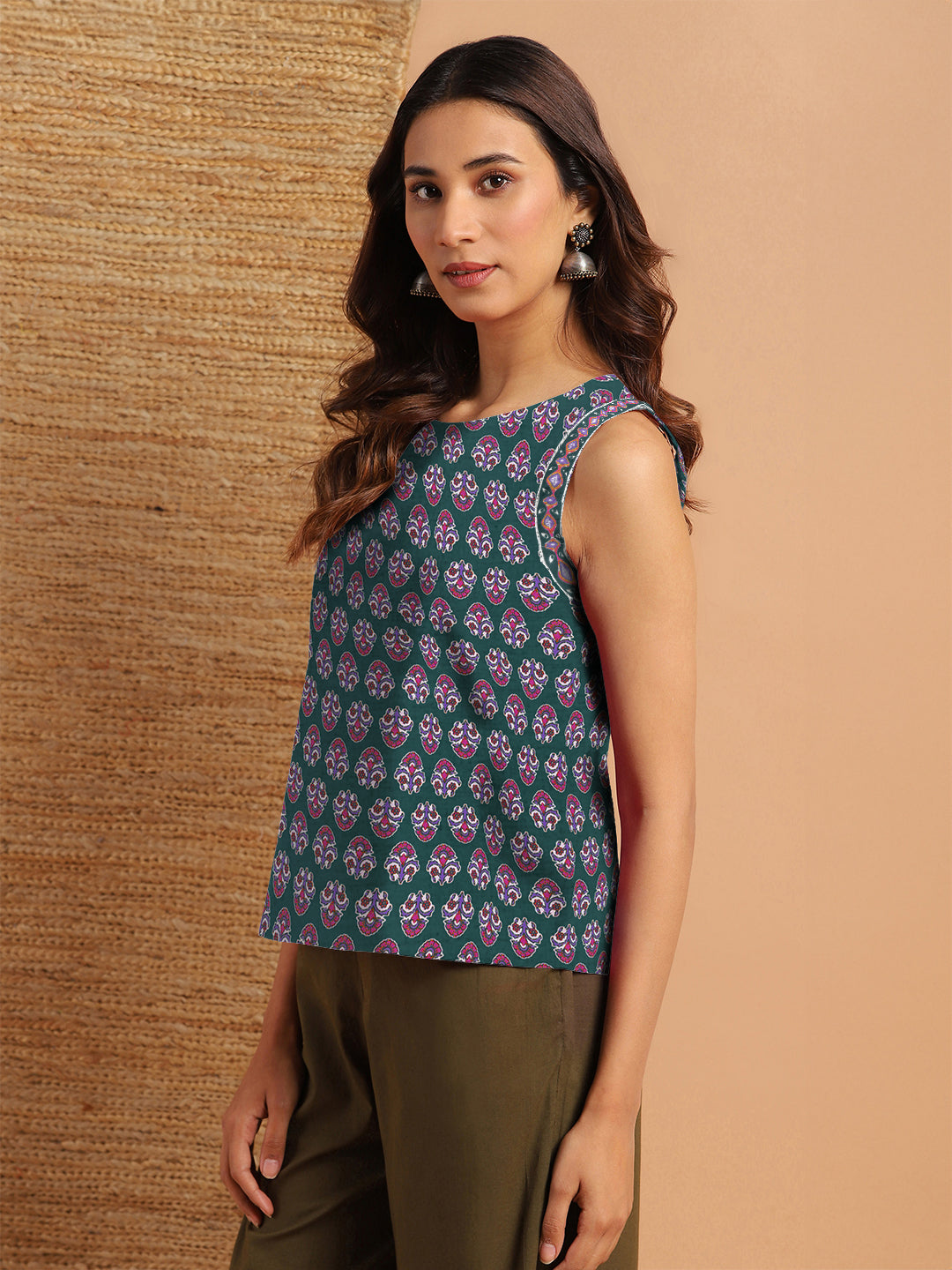 Green Pure Cotton Floral Printed Top