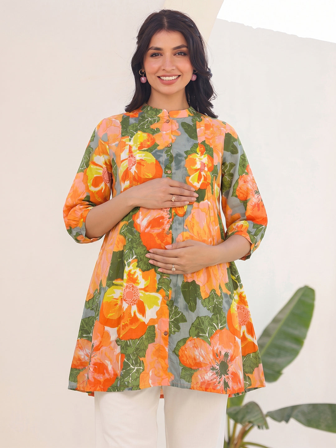 Janasya Women's Maternity Multicolor Pure Cotton Floral Printed A-Line Tunic