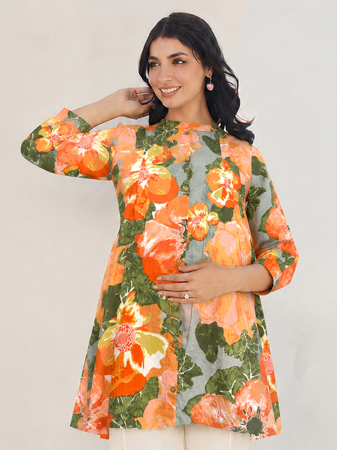 Janasya Women's Maternity Multicolor Pure Cotton Floral Printed A-Line Tunic