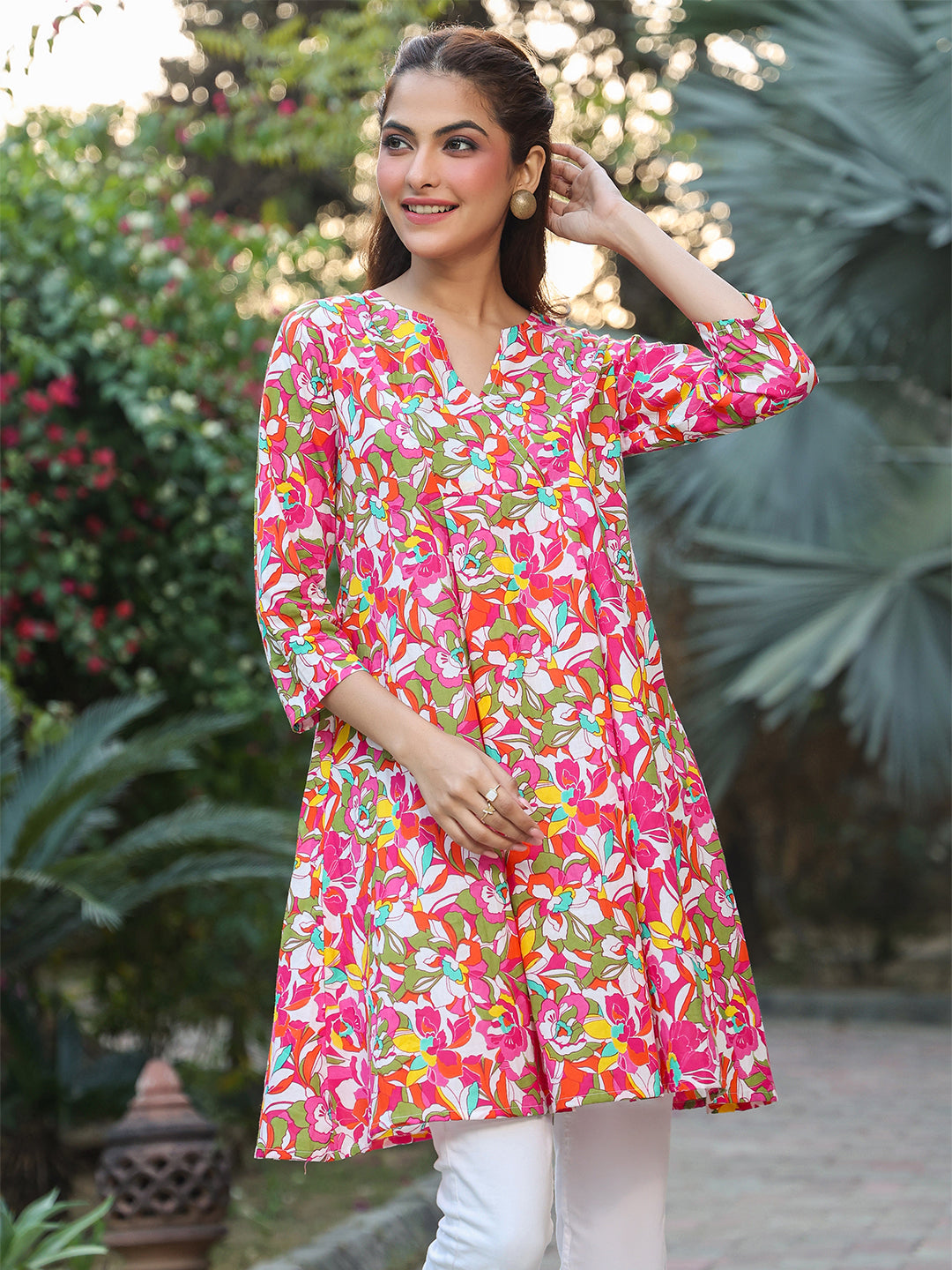 Multicolor Pure Cotton Floral Printed A-line Tunic