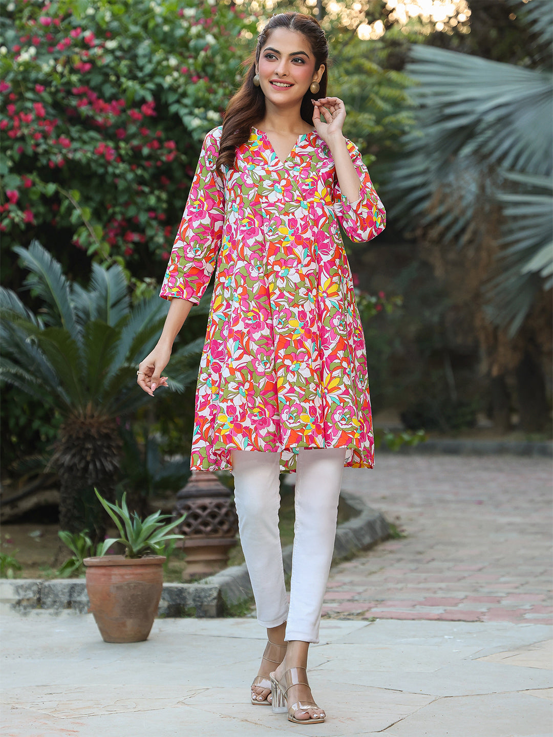 Multicolor Pure Cotton Floral Printed A-line Tunic