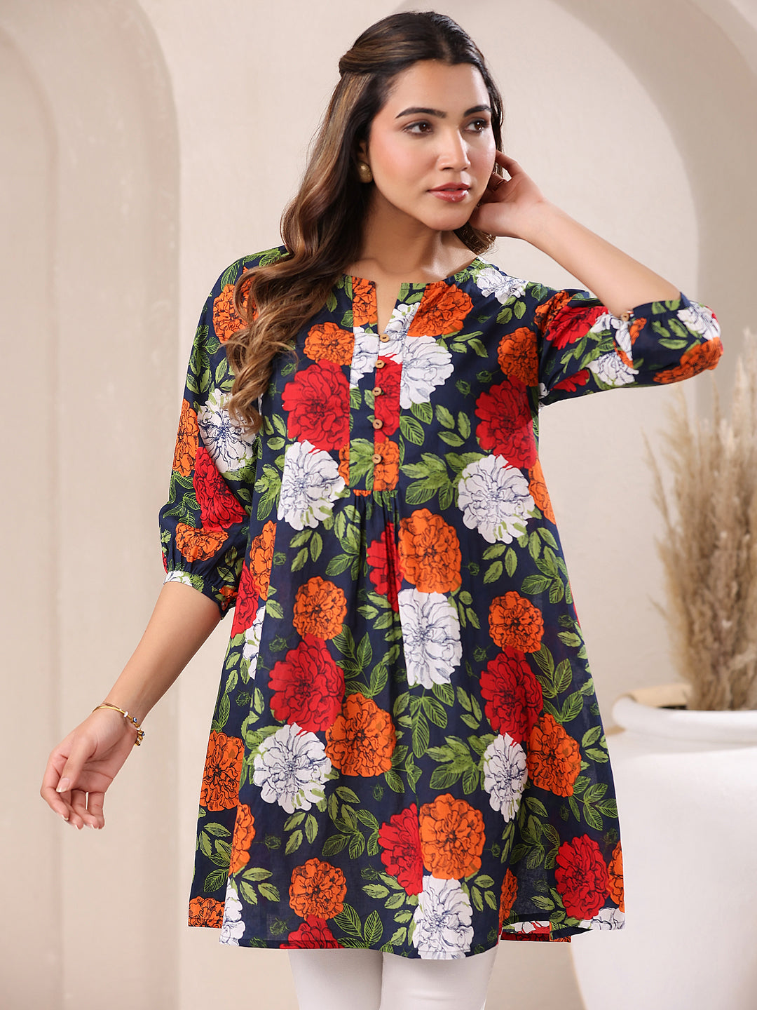 Blue Pure Cotton Floral Printed A-Line Tunic