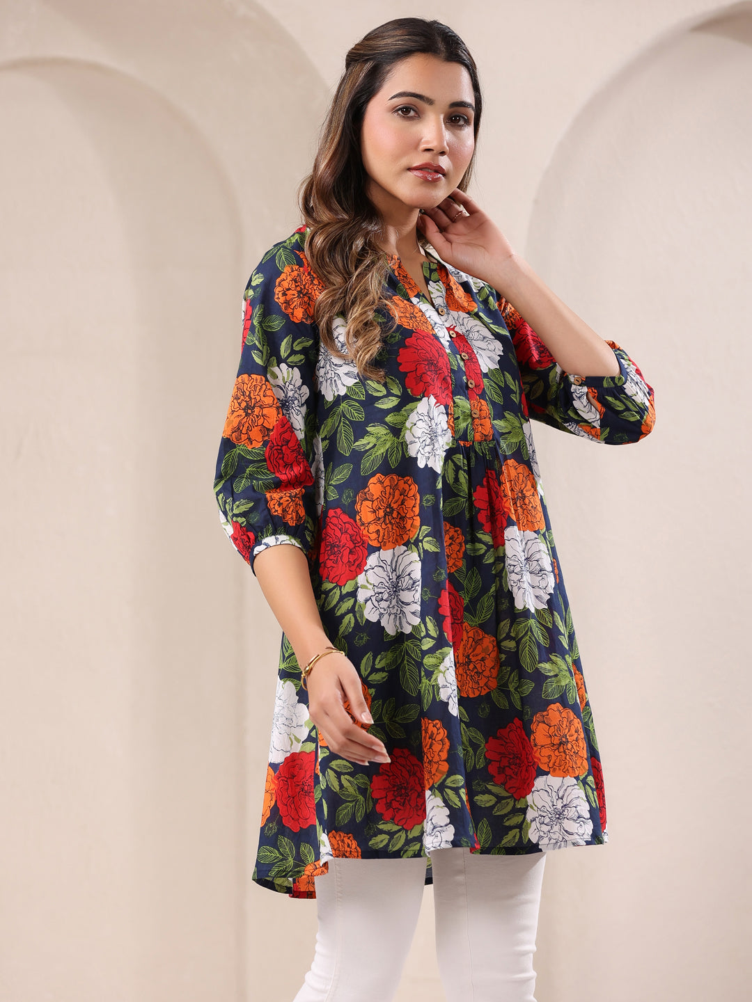 Blue Pure Cotton Floral Printed A-Line Tunic