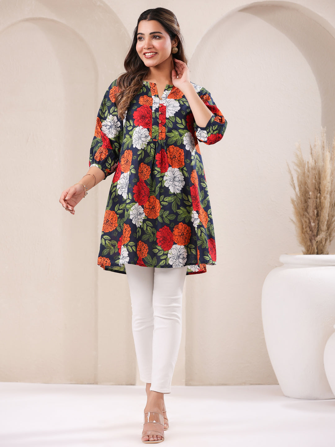 Blue Pure Cotton Floral Printed A-Line Tunic