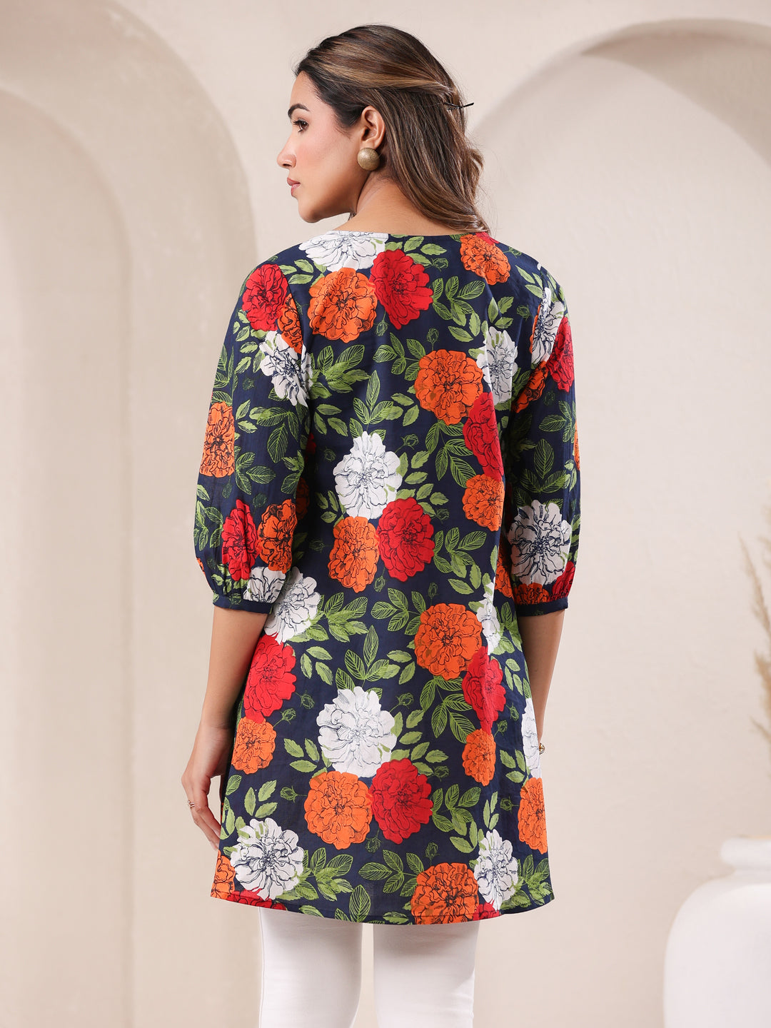 Blue Pure Cotton Floral Printed A-Line Tunic