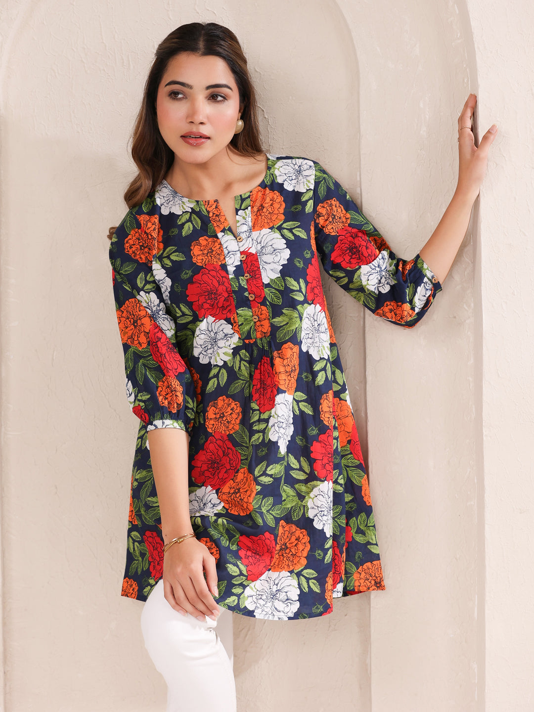 Blue Pure Cotton Floral Printed A-Line Tunic