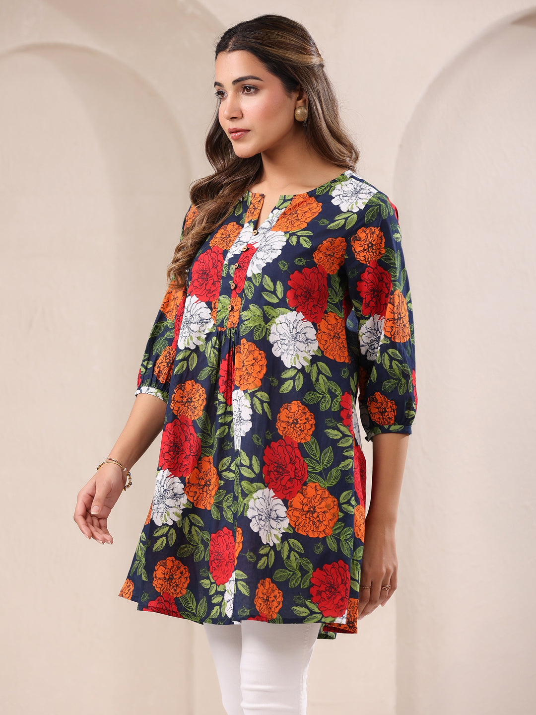 Blue Pure Cotton Floral Printed A-Line Tunic