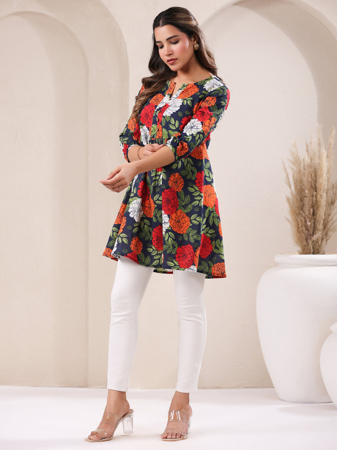 Blue Pure Cotton Floral Printed A-Line Tunic