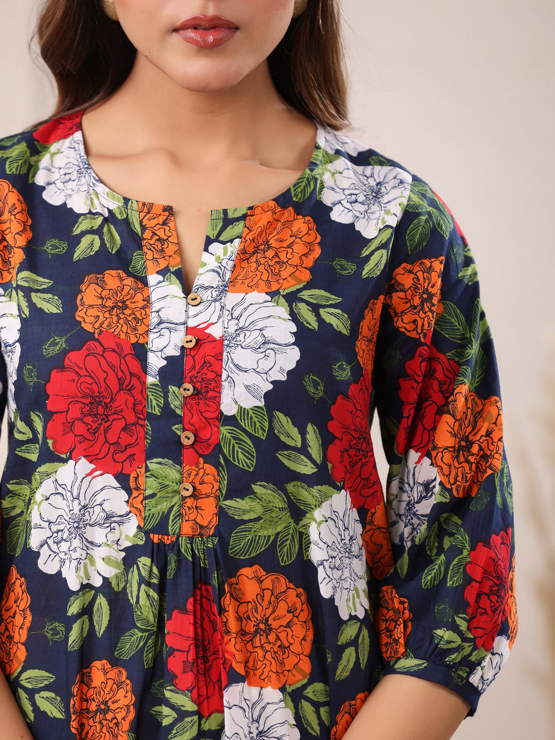 Blue Pure Cotton Floral Printed A-Line Tunic