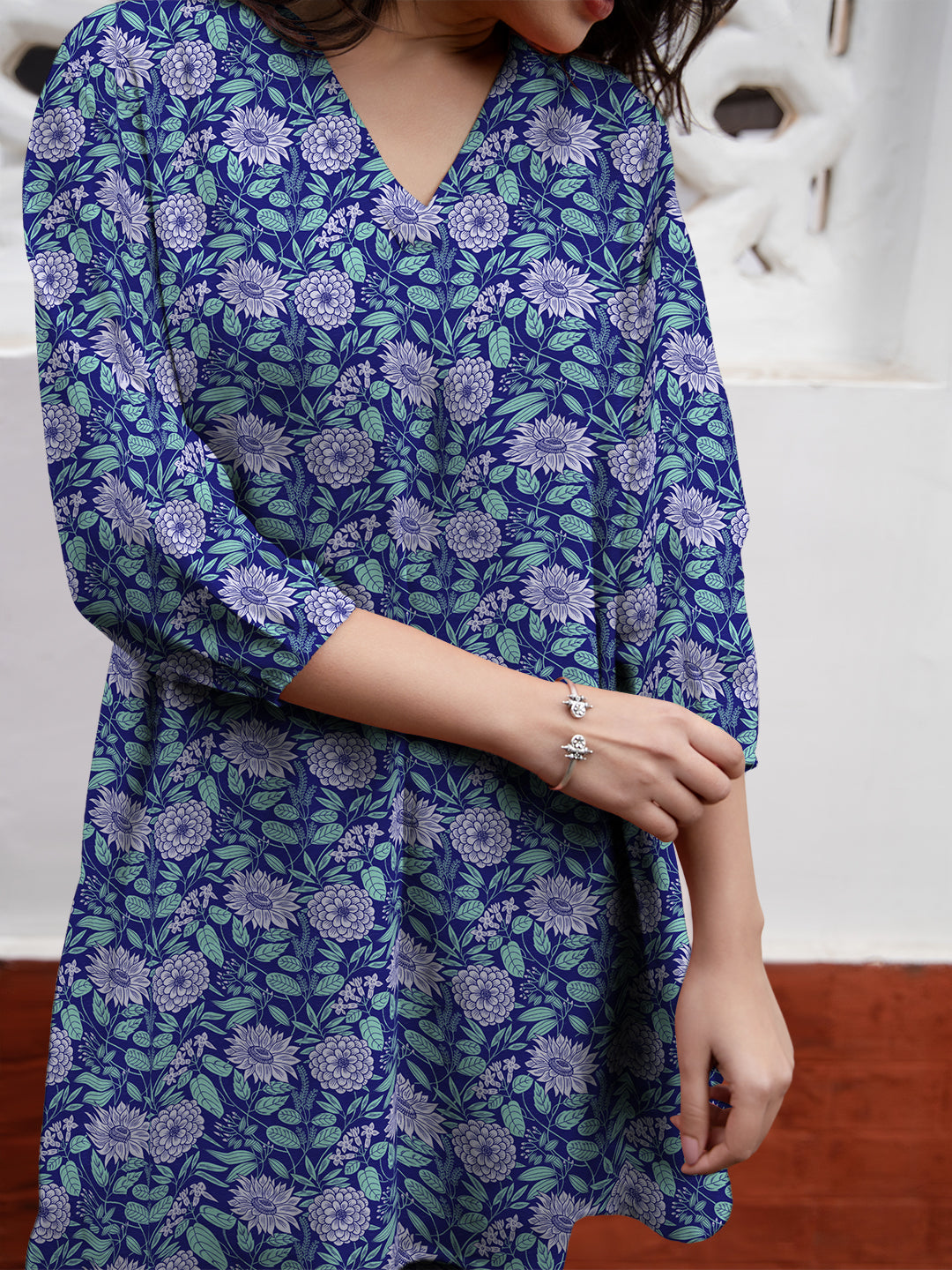 Blue Georgette Floral Printed A-Line Tunic