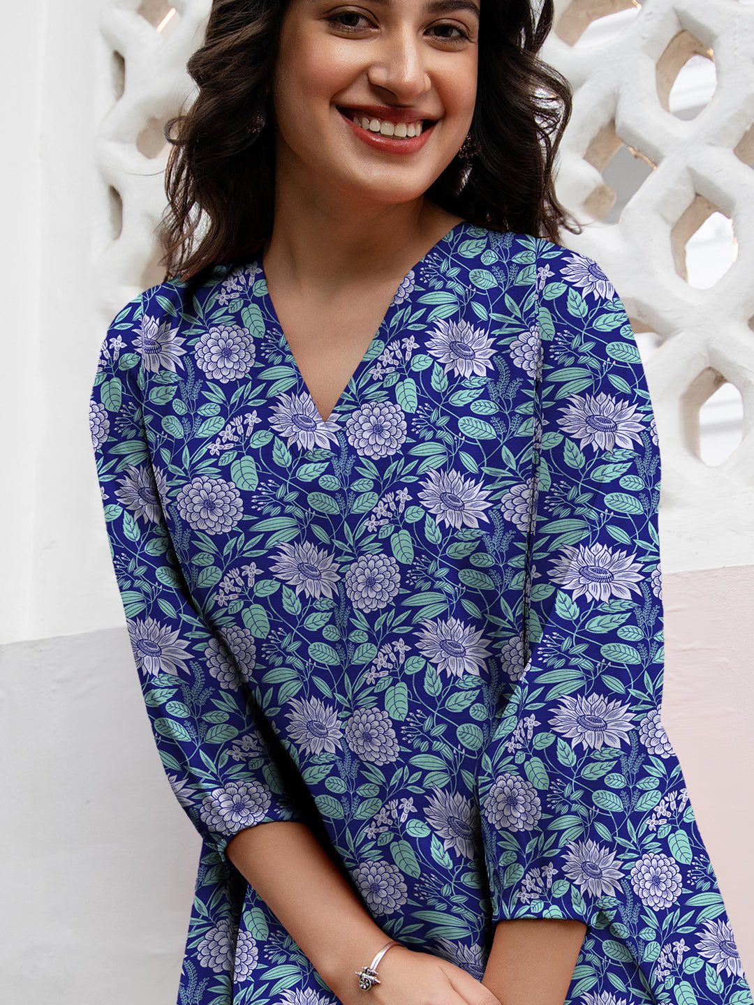 Blue Georgette Floral Printed A-Line Tunic