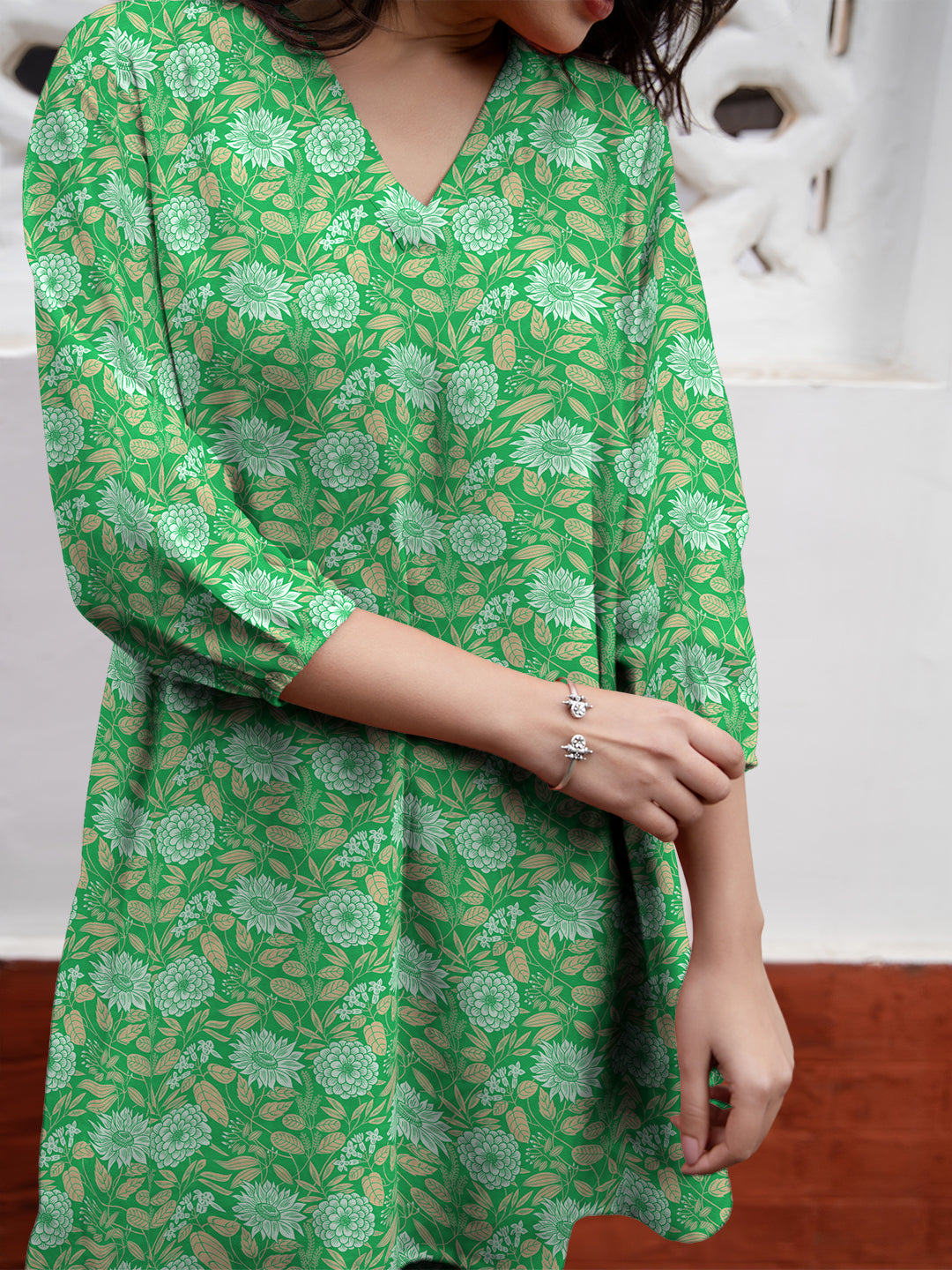 Green Georgette Floral Printed A-Line Tunic