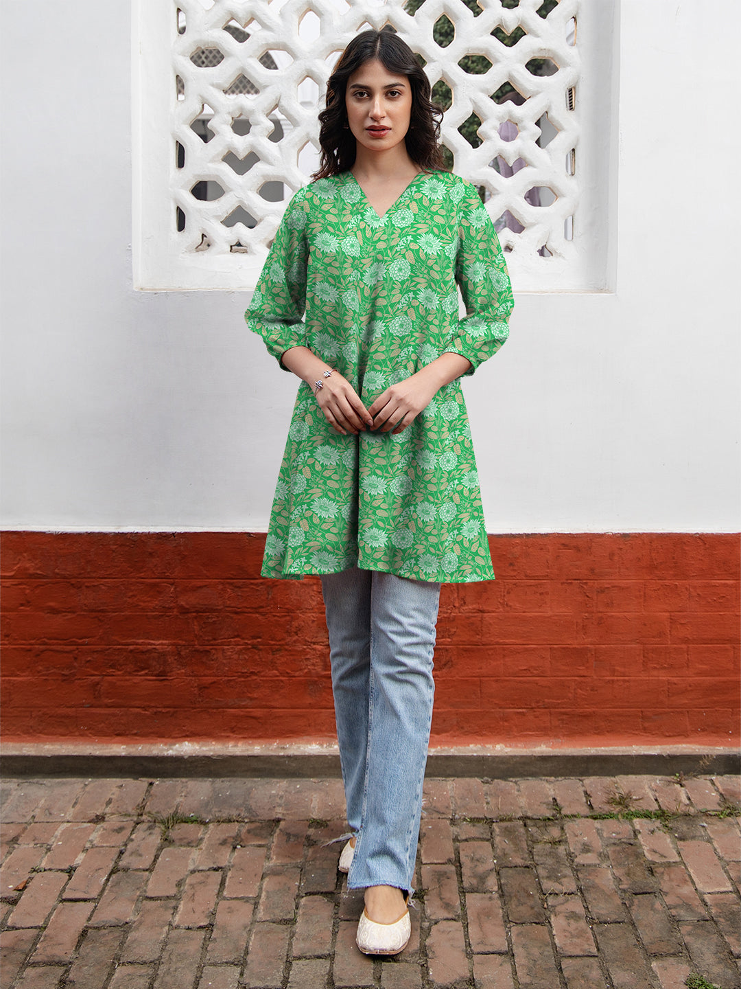 Green Georgette Floral Printed A-Line Tunic