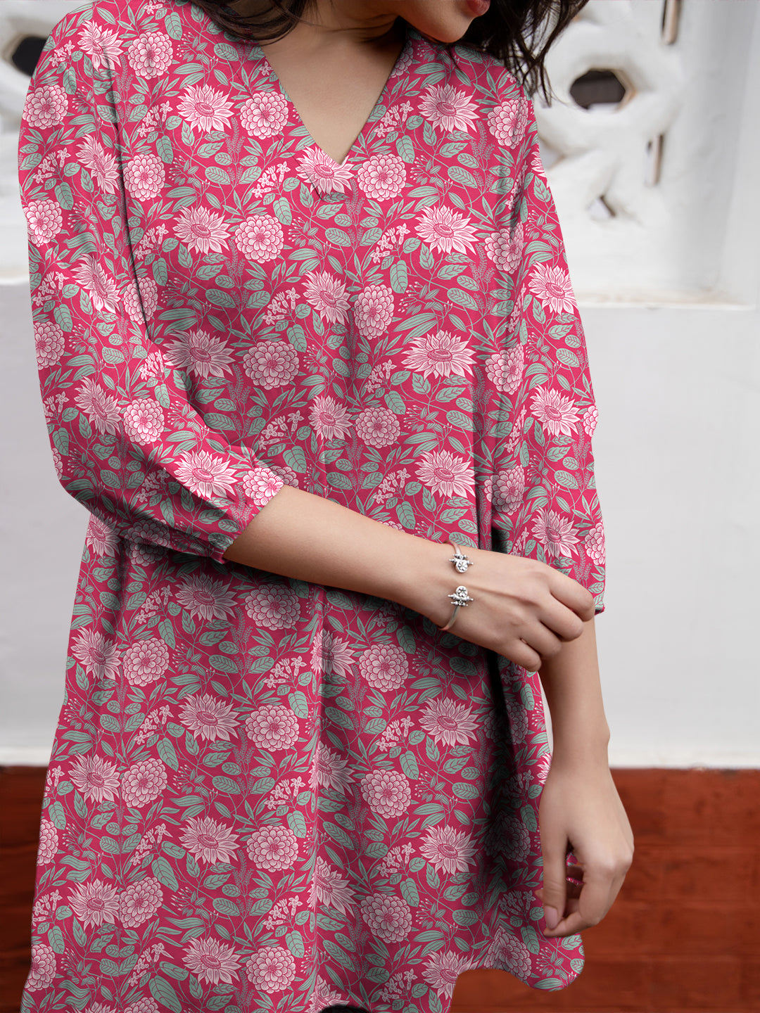 Pink Georgette Floral Printed A-Line Tunic