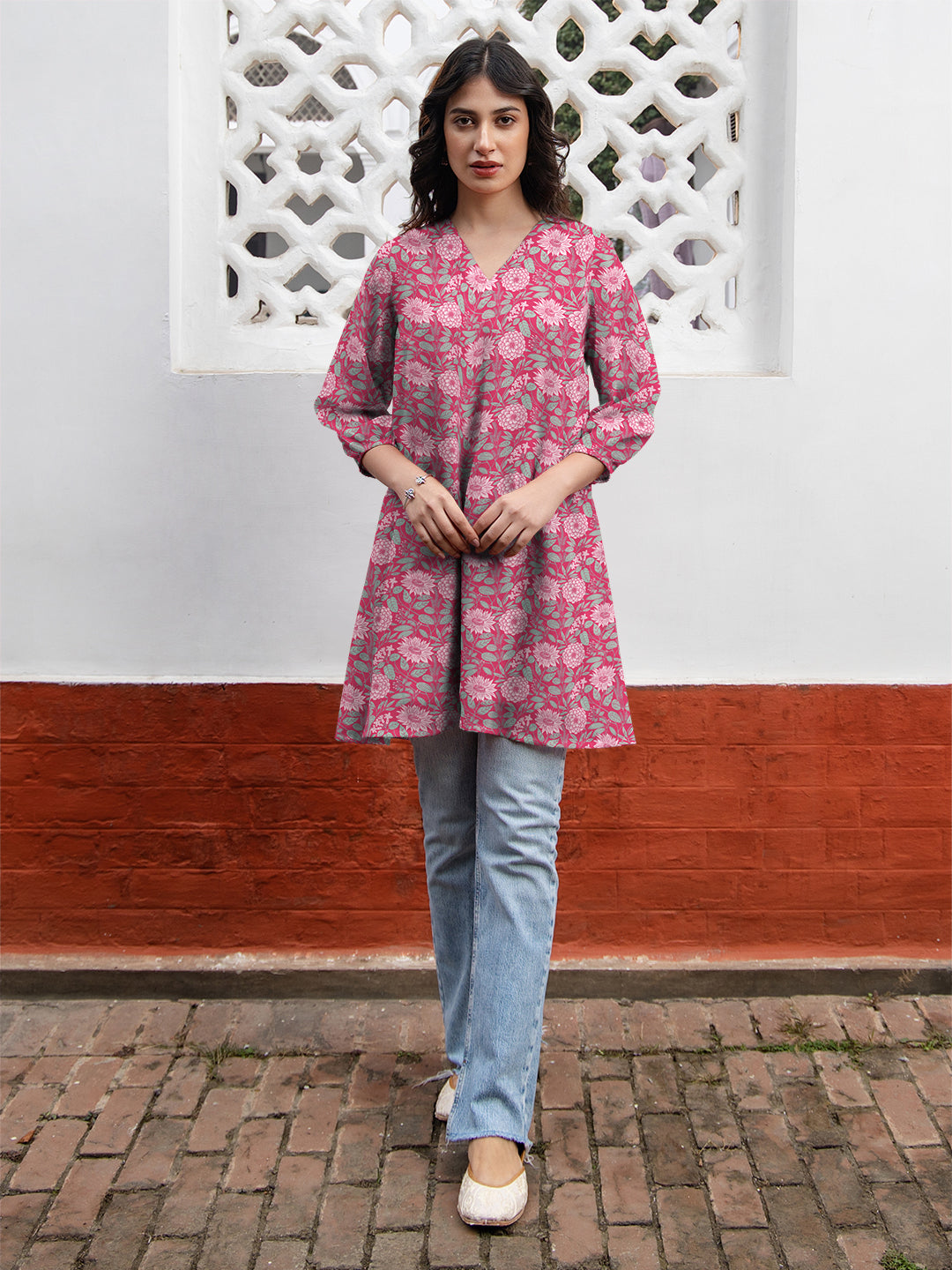 Pink Georgette Floral Printed A-Line Tunic