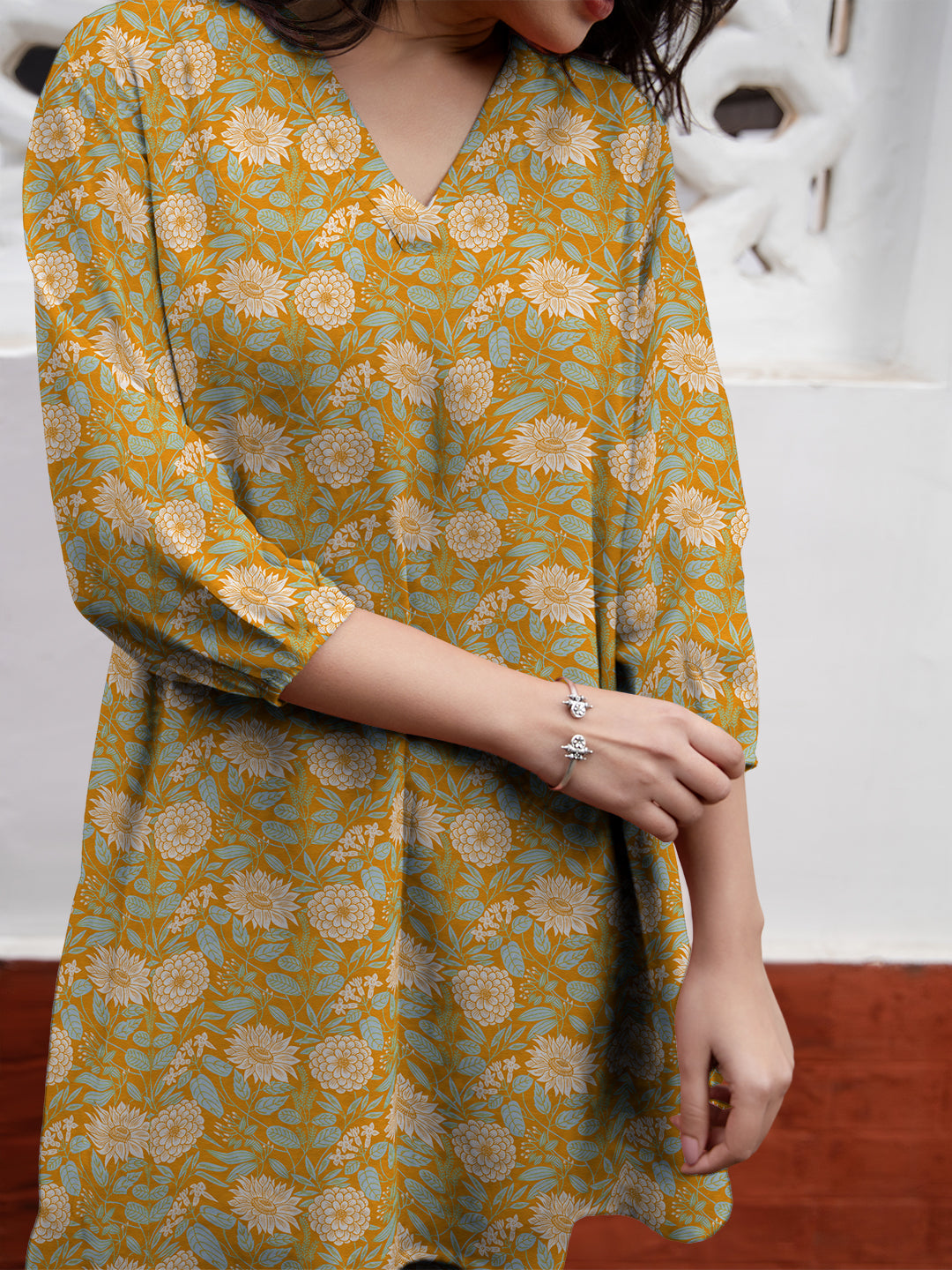 Mustard Georgette Floral Printed A-Line Tunic