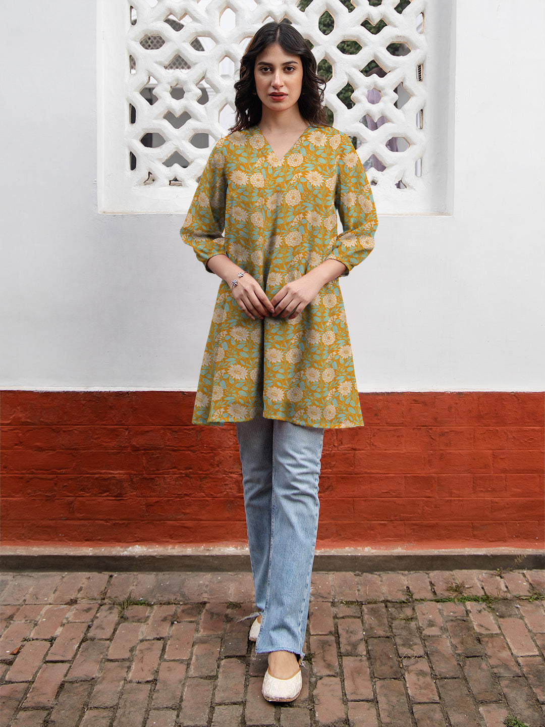 Mustard Georgette Floral Printed A-Line Tunic