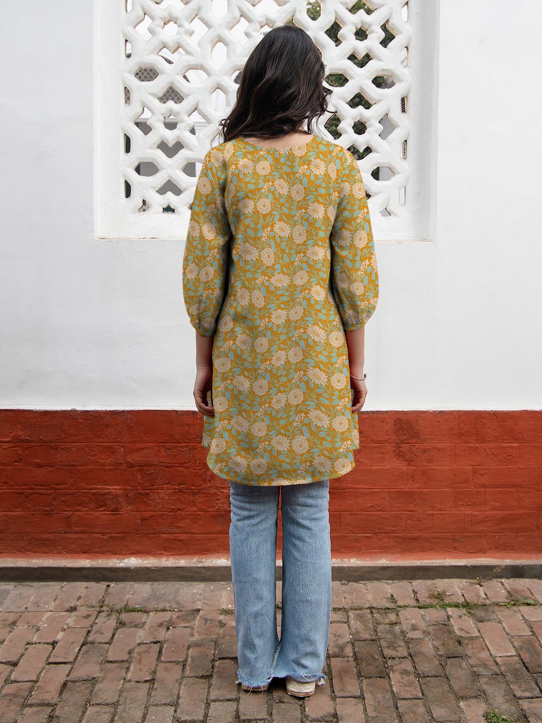 Mustard Georgette Floral Printed A-Line Tunic