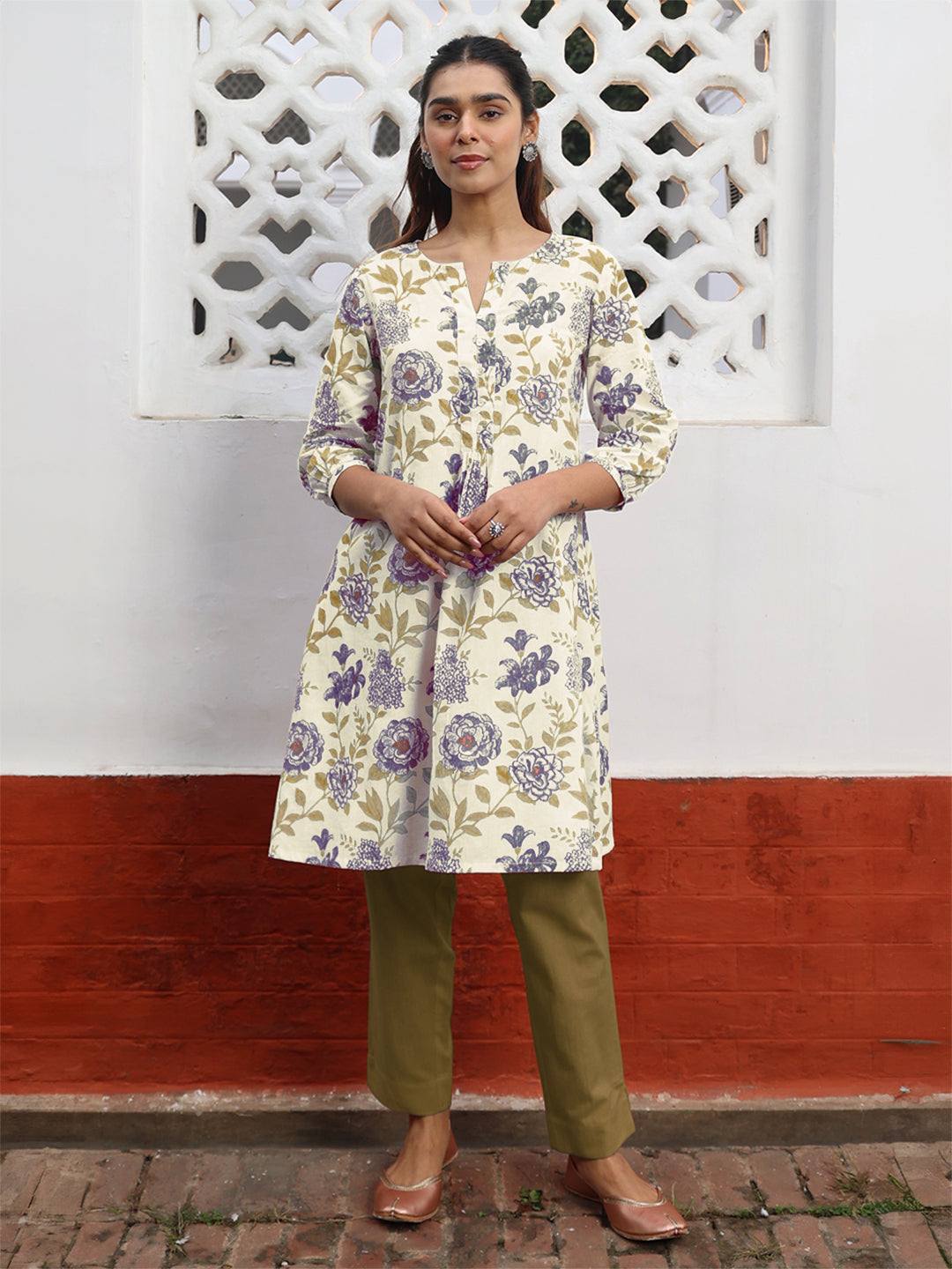 Off White Pure Cotton Floral Printed A-Line Tunic