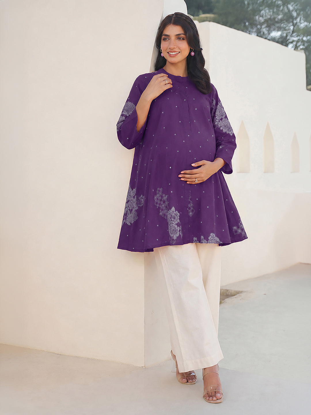Janasya Women's Maternity Purple Pure Cotton Floral Printed A-Line Tunic