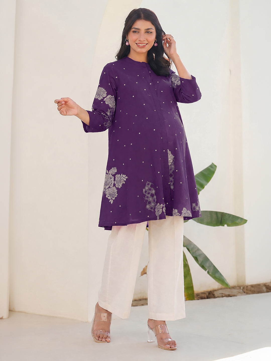 Janasya Women's Maternity Purple Pure Cotton Floral Printed A-Line Tunic
