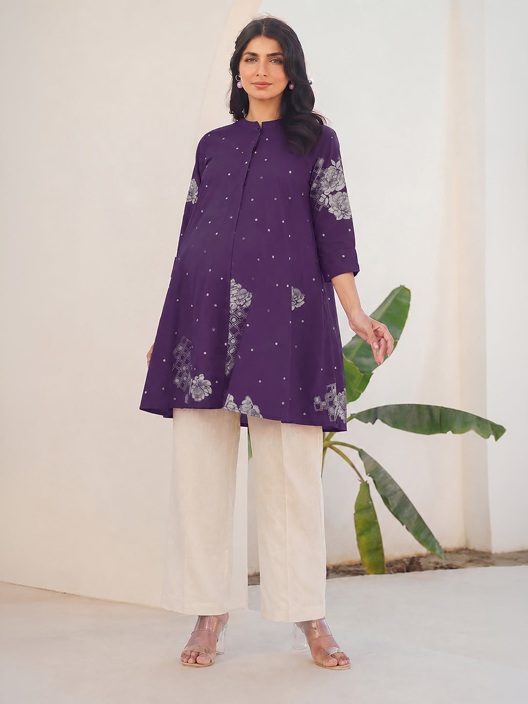 Janasya Women's Maternity Purple Pure Cotton Floral Printed A-Line Tunic