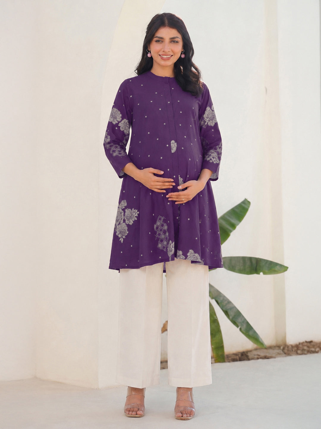 Janasya Women's Maternity Purple Pure Cotton Floral Printed A-Line Tunic