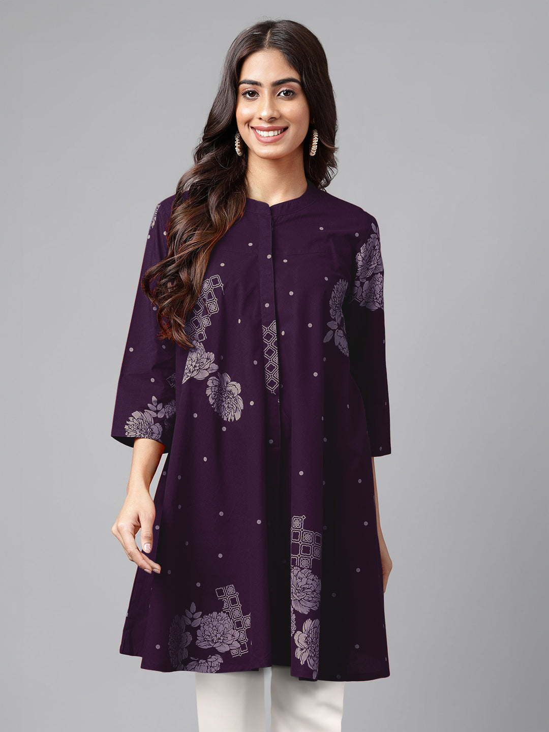 Purple Pure Cotton Floral Printed Flared Tunic