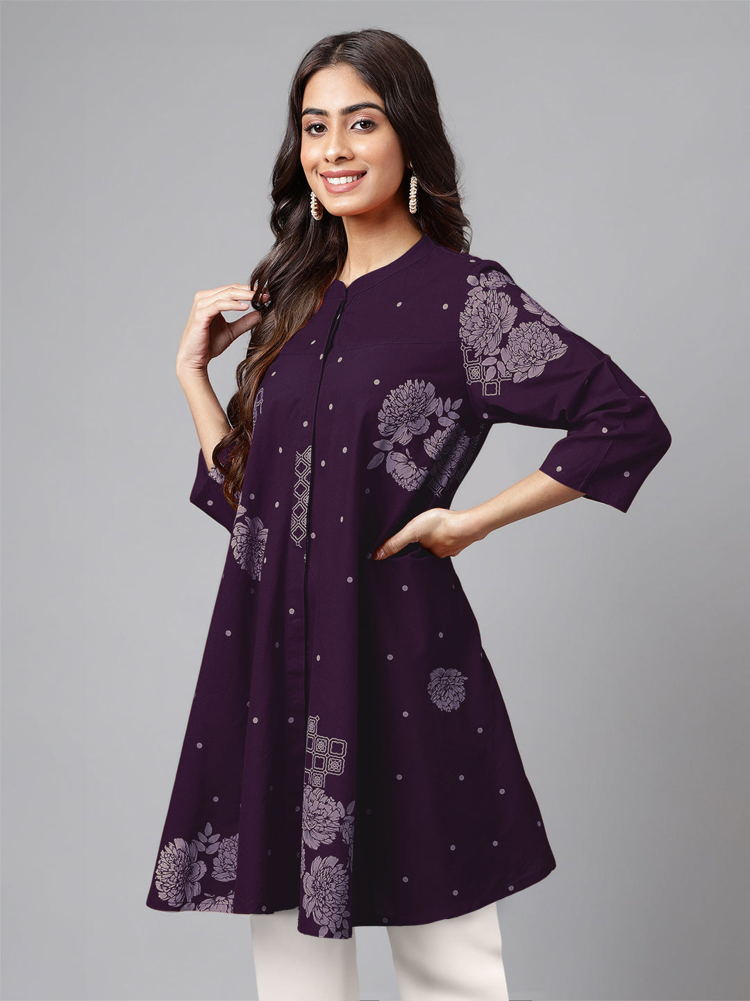 Purple Pure Cotton Floral Printed Flared Tunic