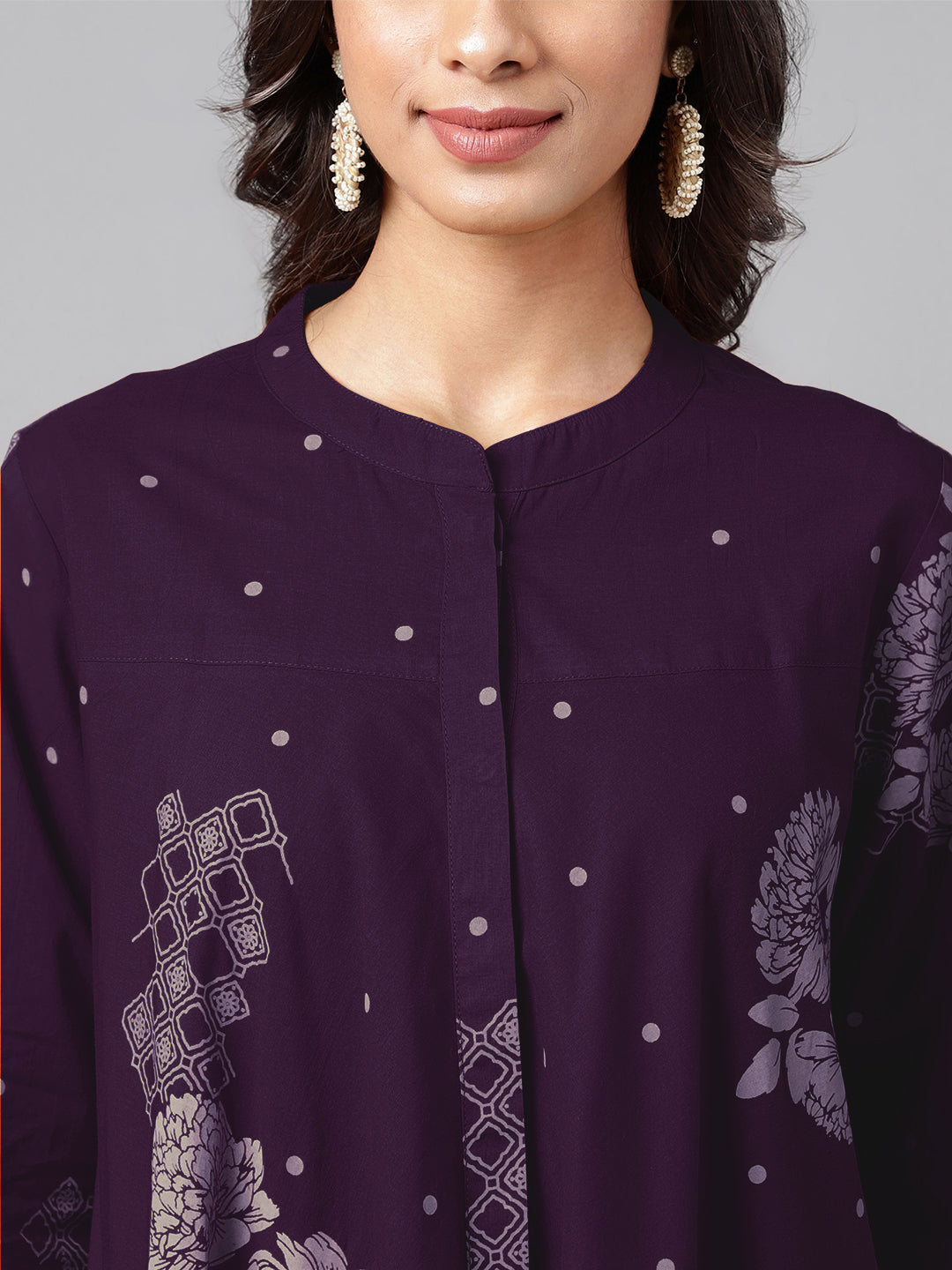 Purple Pure Cotton Floral Printed Flared Tunic