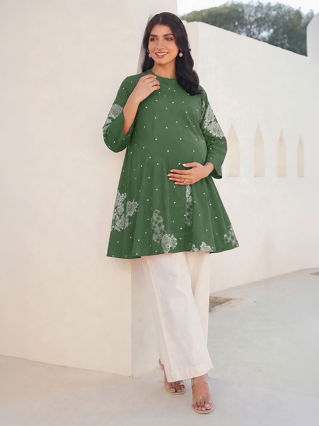 Janasya Women's Maternity Green Pure Cotton Floral Printed A-Line Tunic