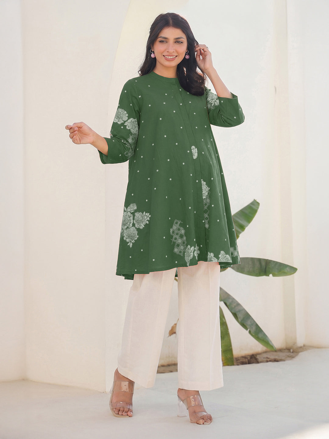 Janasya Women's Maternity Green Pure Cotton Floral Printed A-Line Tunic
