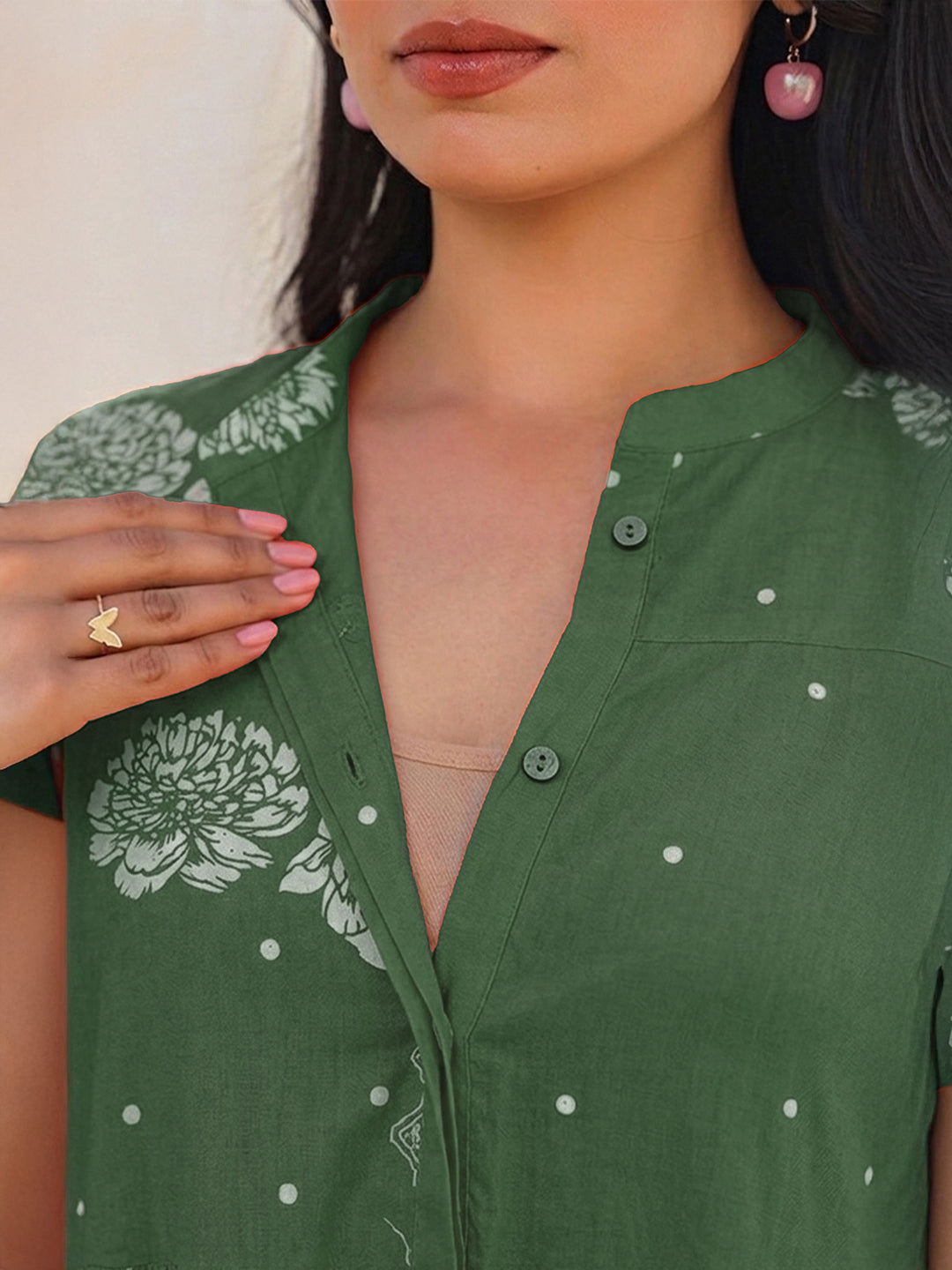Janasya Women's Maternity Green Pure Cotton Floral Printed A-Line Tunic