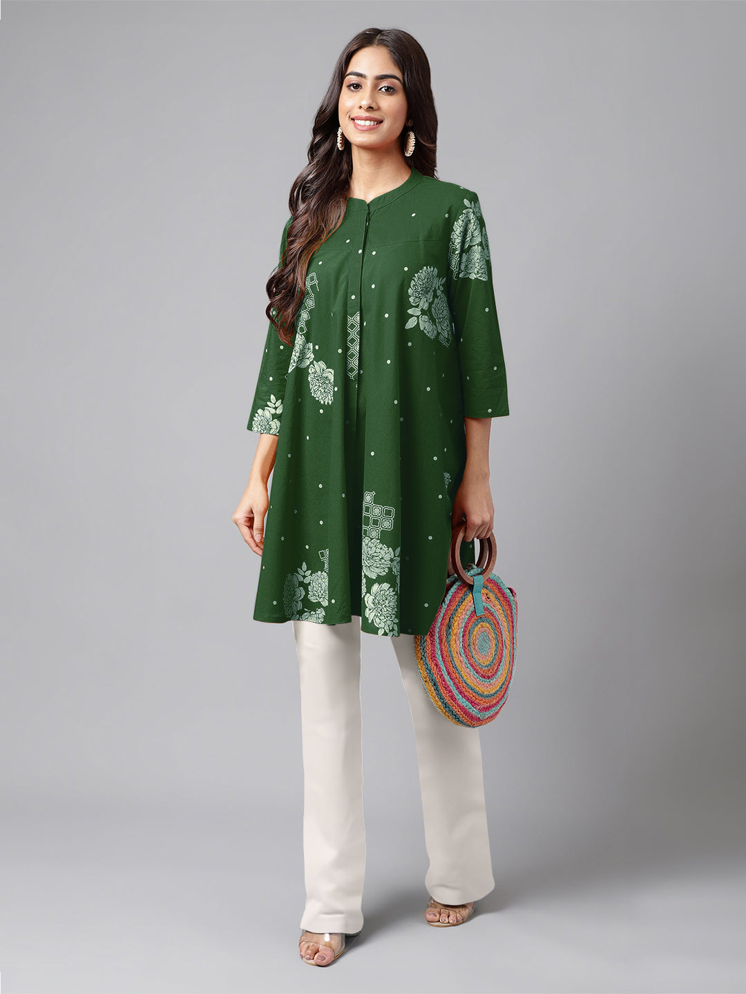 Green Pure Cotton Floral Printed Flared Tunic