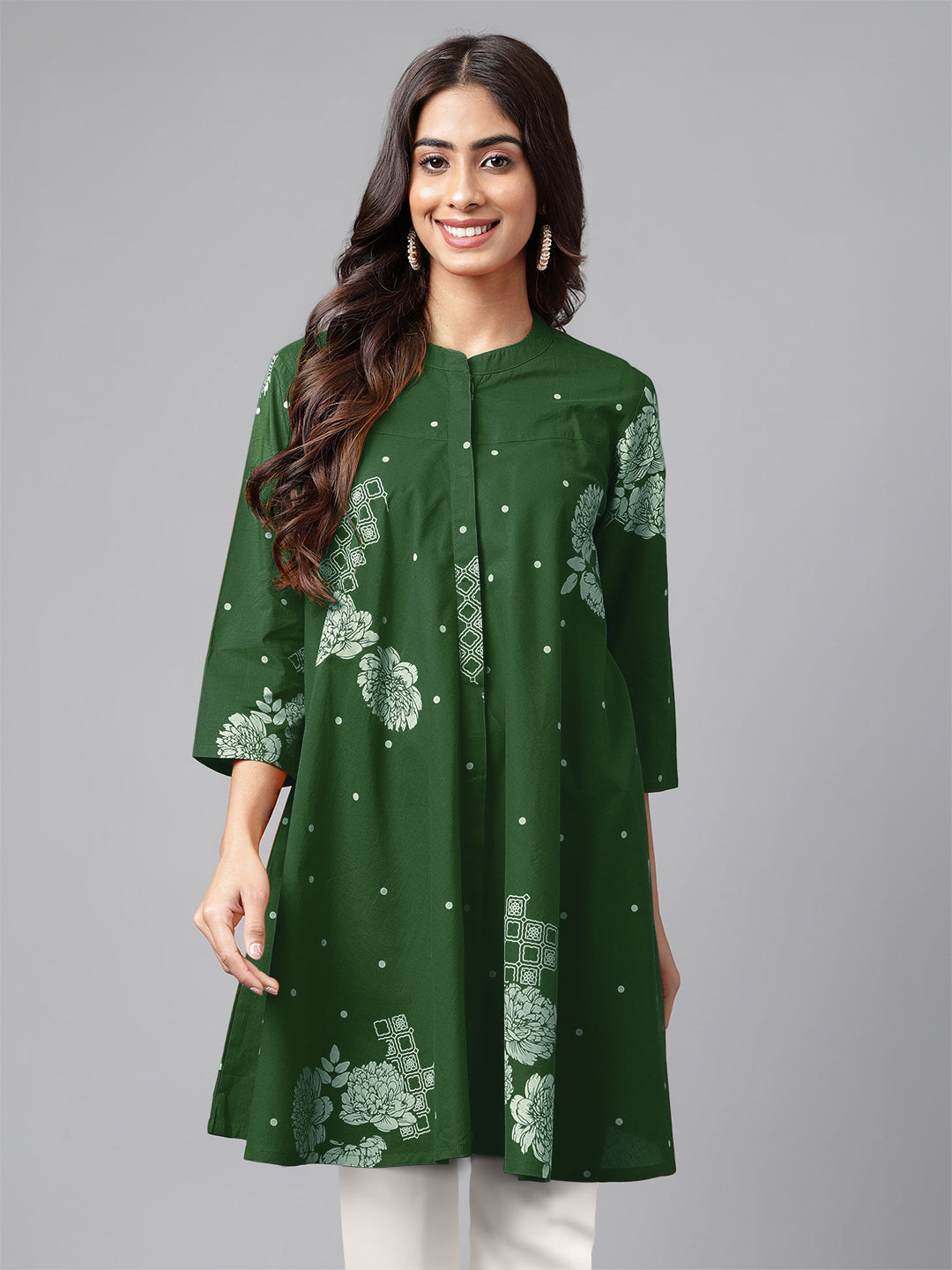 Green Pure Cotton Floral Printed Flared Tunic